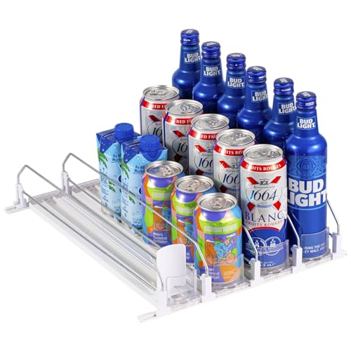 RULA Drink Organizer for Fridge, Self-Pushing Soda Can Dispenser for Refrigerator, Width Adjustable Water Bottle Pusher Gl...