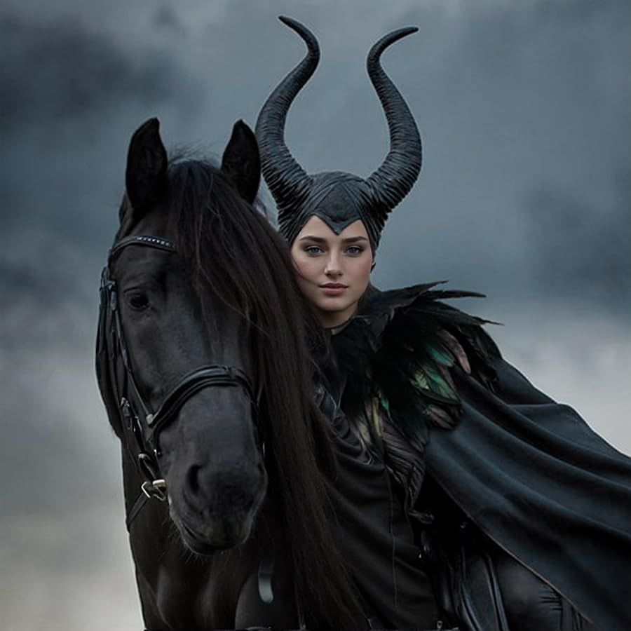 Joukavor Maleficent Costume Adult Black Velvet Cape Feather Shawl with Evil Queen Horns Set (Black)