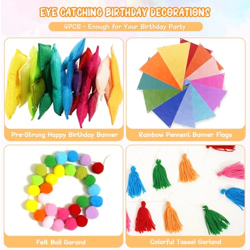 4PCS Pre-Strung Happy Birthday Banner - Felt Happy Birthday Garland, Ball Garland, Felt Pennant Flag, Colorful Thread Tass...
