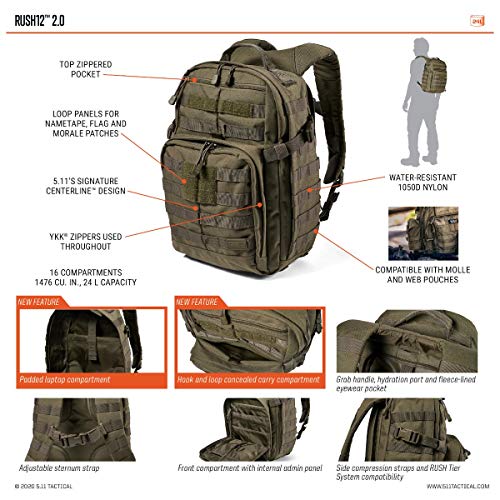 5.11 Tactical Backpack – Rush 12 2.0 – Military Molle Pack, CCW with Multiple Compartments, 24 Liter, Small, Style 56561, ...