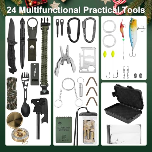 Survival Advent Calendar 2025 for Men, Adults Survival Kit Tool Advent Calendar, 24 Days Christmas Countdown Calendar for ...