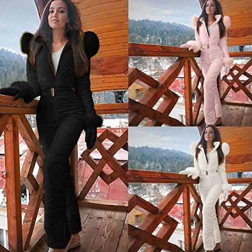 Movnebyro Womens One Piece Ski Suit Winter Ski Jumpsuits Waterproof Warm Snowsuit Fur Collar Outdoor Sports Outerwear