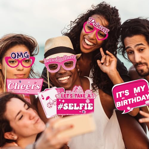 30Pcs Pink Girl Birthday Photo Booth Props with Sticks,Hot Pink Girls Birthday Party Decoration Supplies for Girls Women D...