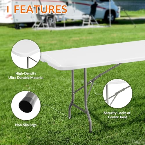 Elevon 8 Feet Heavy Duty Folding Table with Adjustable Height, Fold-in-Half Portable Table for Indoor Outdoor Use - Campin...