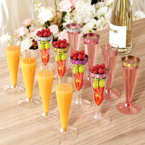 Torchero 20 Pack Champagne Flutes Plastic Wine Glasses Disposable, 4.5 Oz Gold Rim Mimosa Glasses for 2026 Engagement Wedd...