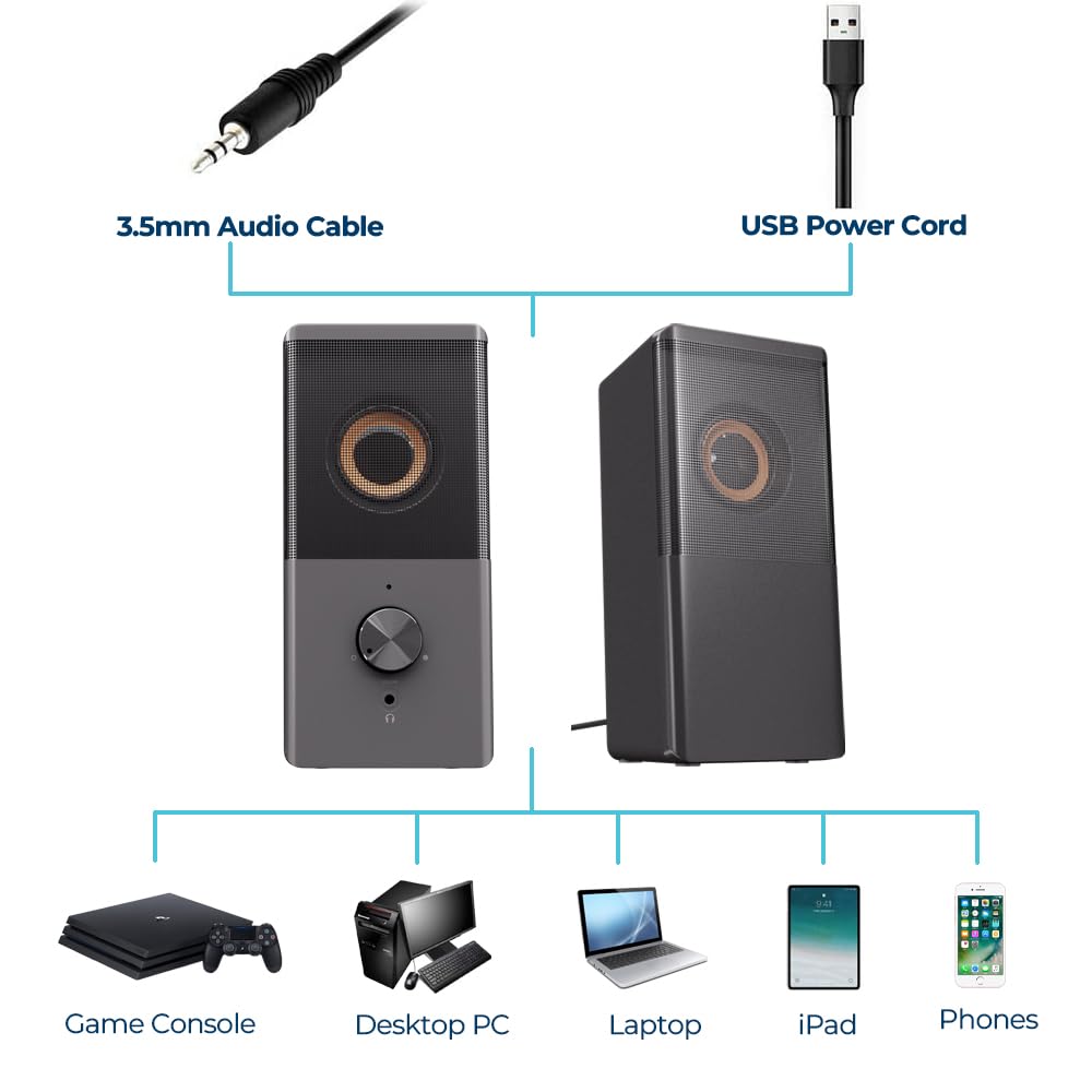ROSON Computer Speaker, Compact Size Speaker with Headphone Jack, Enhanced Bass and Volume Control, Stereo 2.0 USB Powered 3.5mm Aux Multimedia Speakers for Laptop/Desktop/Tablets/Phone