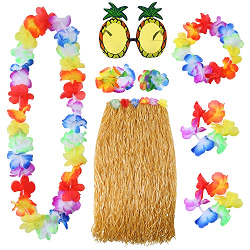 Elcoho 8 Pieces Grass Skirt Sunglasses Leis Necklace Bracelet Set Luau Decorations for Kids and Adults