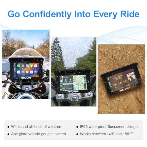 Weuaste 5" Portable Motorcycle Carplay Touch Screen with Wireless Android Auto GPS Navigation System, Bright Waterproof HD...