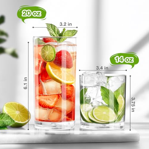 Plastic Drinking Glasses Set of 8, 14oz Rocks & 20oz Water Cups, Unbreakable Plastic Glasses Drinkware, Clear Kitchen Tumb...