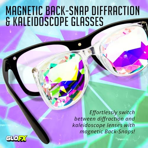 GloFX Snaps: Diffraction Rave Glasses | Black Magnetic Snap Frames with Line, Heart, and Star Lenses | 3D Prisms, Heart, a...