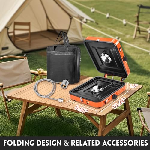 GGC Camping Stove 2 Burner, 20,000 BTU Foldable Camping Stove, Propane Portable Camp Stove with Adjustable Flame, Piezo Ig...
