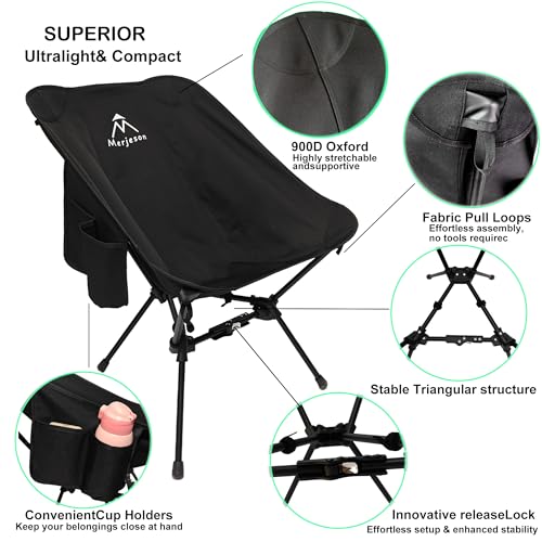 Merjeson Portable Camping Chair with ReleaseLock, Stable Lightweight Camp Ultralight Folding Compact 330lbs, Backpacking F...