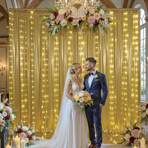 10x10 ft Gold Sequin Backdrop Curtain with Lights for Parties, Wrinkle Free Glitter Photo Backdrop Drapes Shimmer Back Dro...