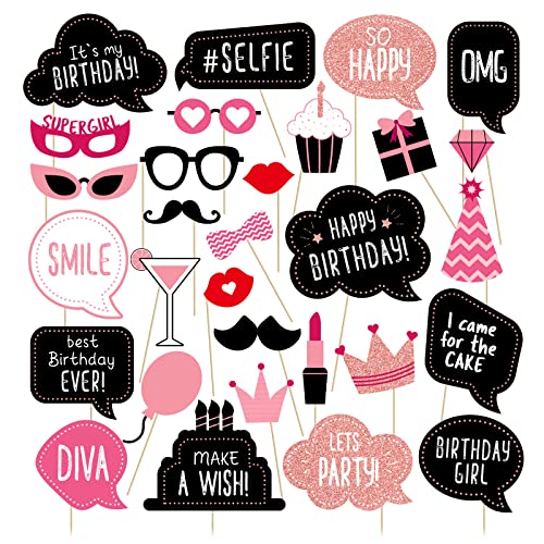 Birthday Photo Booth Props Kit - Happy Birthday Party Favors Supplies Bday Party Decoration Set with Real Glitter Cute Bda...