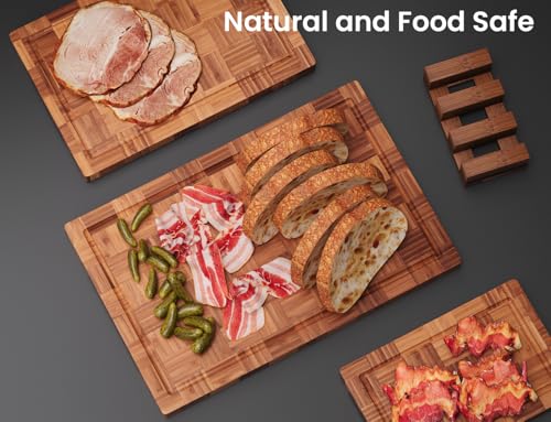 Fibogollo Bamboo Cutting Boards for Kitchen,Chopping Boards Set with Juice Groove,End Grain Bamboo Butcher Block,Serving B...