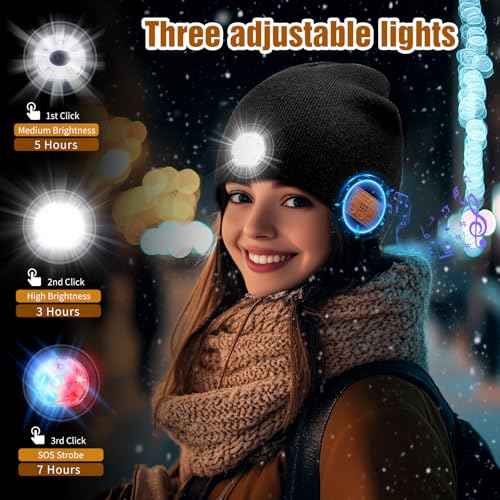 Bluetooth LED Beanie Hat, Rechargeable Music Beanie Cap for Winter, Headlamp hat Music hat & Calls, 3 Light Modes for Running Hiking Camping, Black (Unisex)