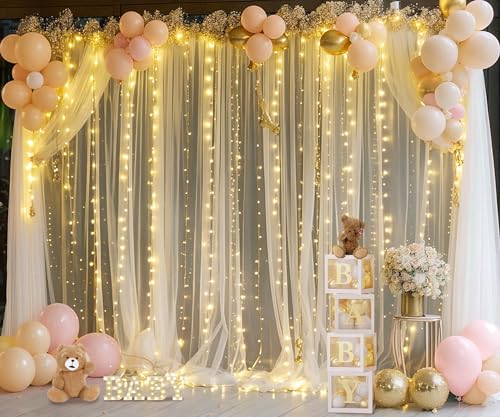 10ft x 10ft Champagne Tulle Backdrop Curtain with Lights String for Parties Wedding Bridal Shower Sheer Champagne Curtain ...