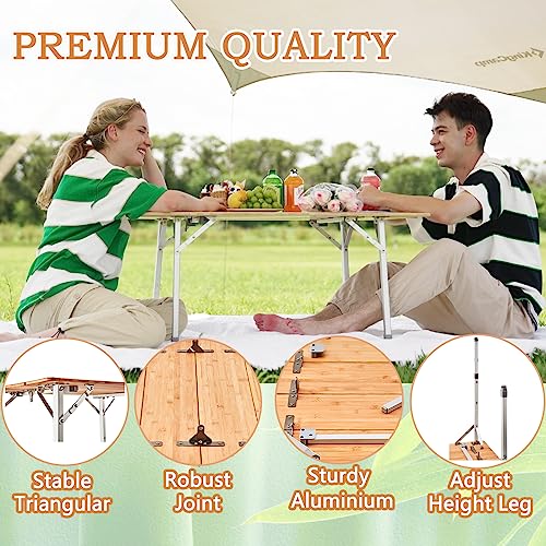 KingCamp Bamboo Camping Table Folding Table with Adjustable Height Aluminum Legs Heavy Duty 176lbs 4-Fold Portable Foldabl...