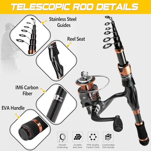 PLUSINNO Fishing Rod and Reel Combos, Bronze Warrior Toray IM6 Carbon Matrix Telescopic Fishing Rod Pole, 12 +1 Shielded B...