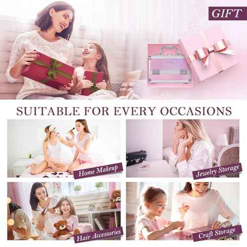 FRENESSA Makeup Train Case Makeup Box Organizer Portable Cosmetic Travel Case Makeup Case with Mirror Locking Make Up Cases Organizers and Storage for Nail Supplies Hard Cosmetic Box Shiny Pink