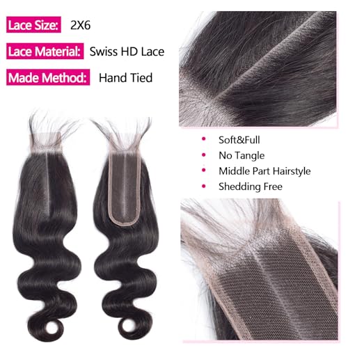 12A Human Hair Bundles with 2x6 Closure 16 18 20 with 14 Inch Brazilian Body Wave 3 Bundles Human Hair with 2x6 HD Lace Closure 100% Unprocessed Virgin Human Hair Weave