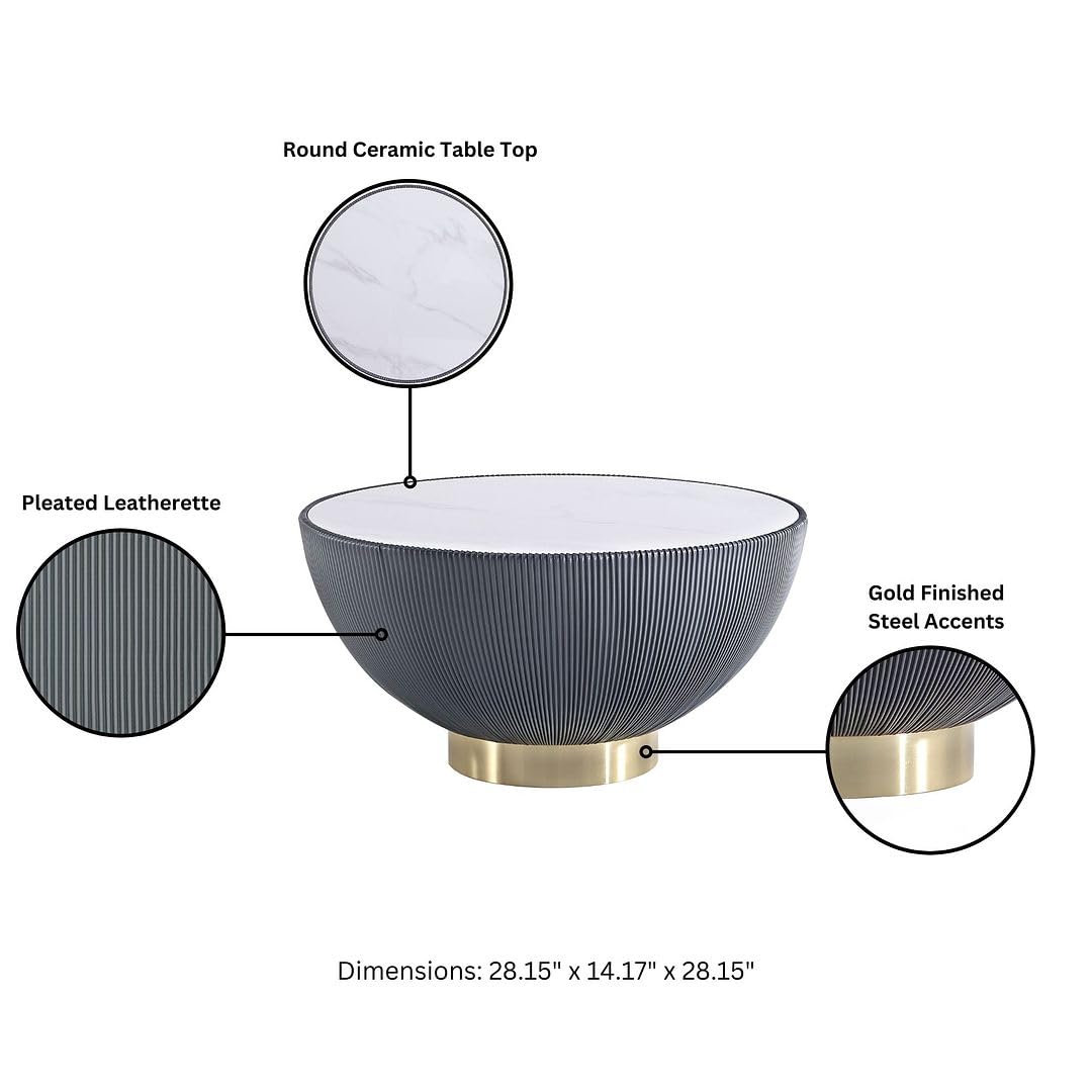 Manhattan Comfort Anderson Modern Low-Profile Round Coffee Table – Ceramic Marble Tabletop, Pleated Leatherette Detail, Gold Base, Fully Assembled Accent Table, Set of 1, Grey