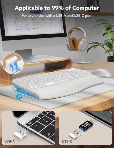 SABLUTE Wireless Keyboard and Mouse Combo, Ergonomic Wave Keys, Cushioned Plam Rest, Comfortable Silent Natural Typing, 2....
