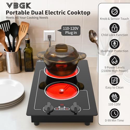 VBGK Electric Cooktop,110V 2100W electric Stove Top with Knob Control,Countertop/Built-in Design with 9 Power Levels,Kids ...