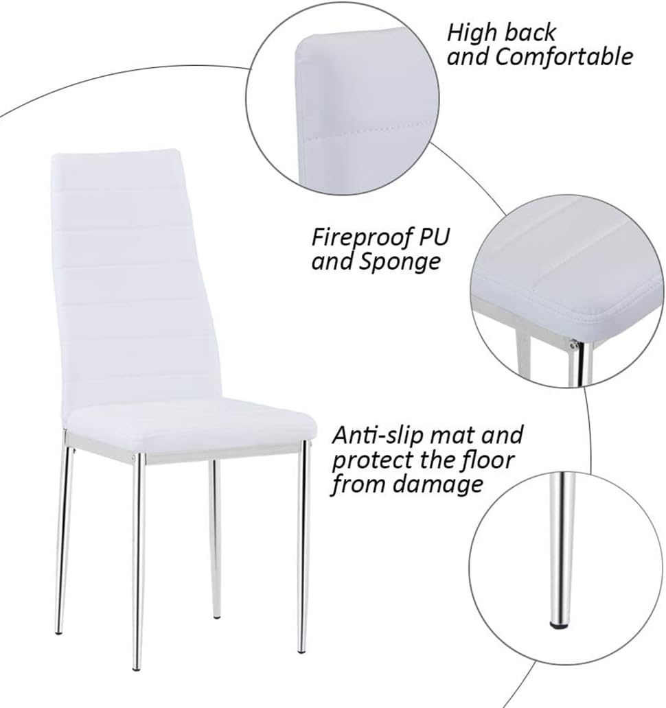 NIERN 5 Piece Dining Table Table Set, Tempered Glass Dining Table Set for 4 Kitchen Table Set with 4 Upholstered Chairs for Kitchen Dining Room (Sliver Table with White Chair)