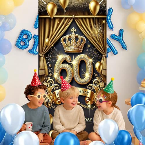 HOMETITUTE 60th Birthday Door Cover 71x35 Inch Royal Gold Birthday Banner for Party Decorations Crown Balloon Cake Backdro...