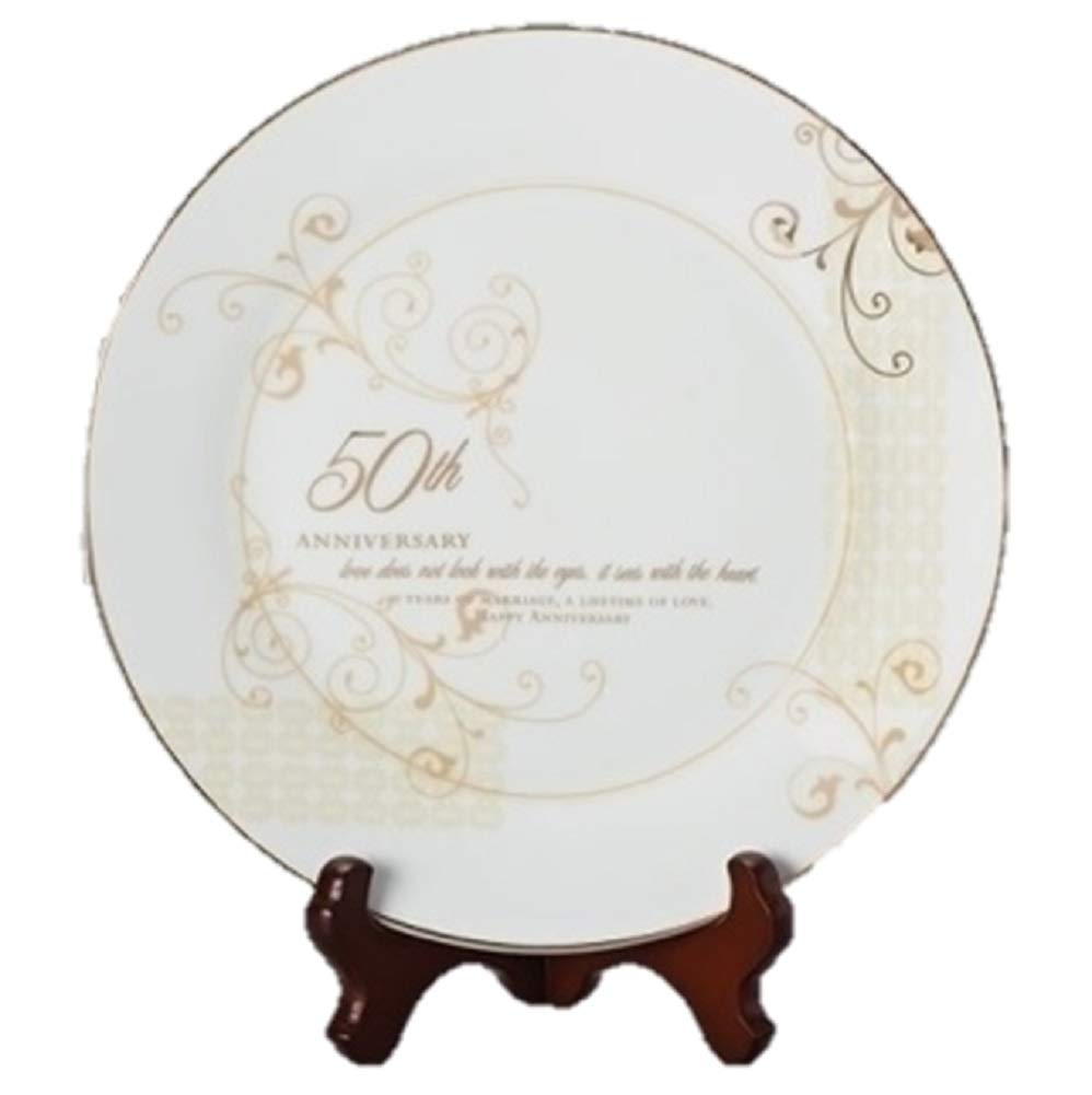 Roman 50th Wedding Anniversary Plate – 2-Piece Set with Decorative Plate and Stand, Golden Celebration Gift for Couples
