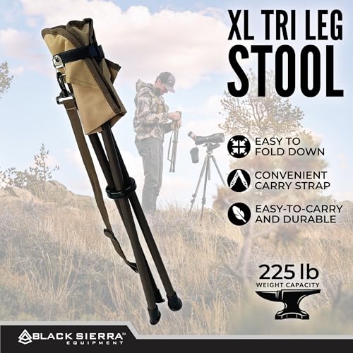 Black Sierra Folding Hunting Stool w/Shoulder Strap Supports 225 lbs, Lightweight Collapsible Tripod Seat, Foldable Steel ...