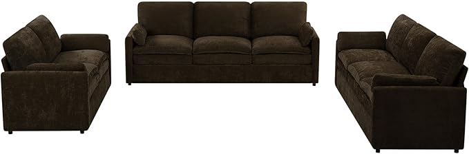 ACMEASE 3 Pieces Chenille Sofa Set w/Arm Pillows, Upholstered Loveseat & 2 Pieces 3 Seater Sofa w/Comfortable Back Cushions, Modern 2-Seat & 3-Seat w/High-Density Foam for Living Room, Brown