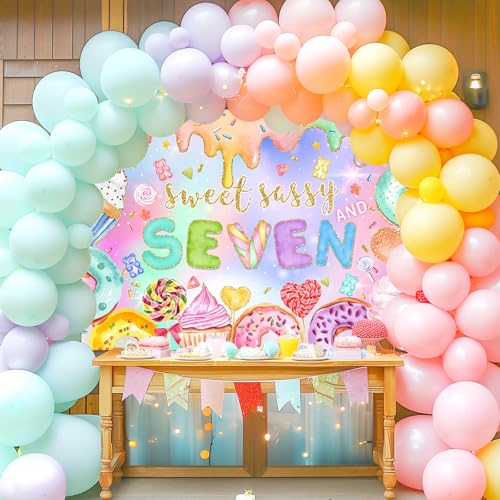 Mocsicka Sweet Sassy and Seven Birthday Backdrop Girls Sweet Candy Donut 7th Birthday Party Background Happy 7th Birthday ...