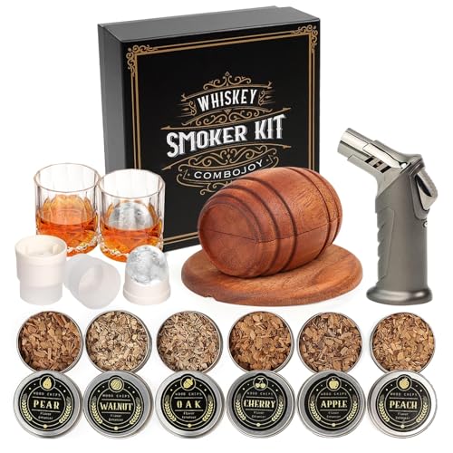 Whiskey Smoker Kit with Torch - 6 Flavors Wood Chips, 2 Glasses, 2 Ice Ball Molds - Cocktail Smoker Infuser Kit, Old Fashi...