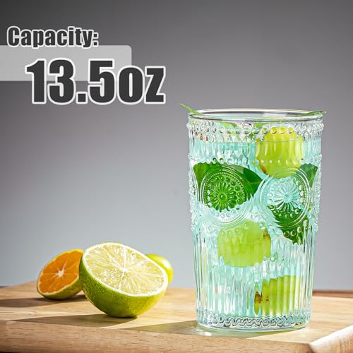 Claplante Vintage Highball Glasses, Set of 8 Glass Drinking Glasses, 13.5 oz Durable Drinkware Cups for Cocktails, Water, ...