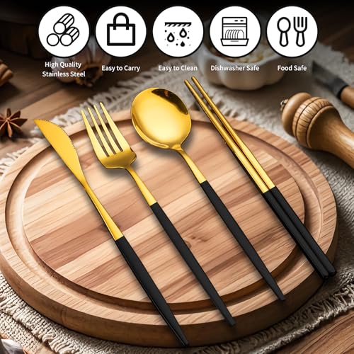 Novasteel Premium Travel Flatware Set,4 Pieces Golden Stainless Steel Flatware with Black Coated Handles and Eco-Friendly ...