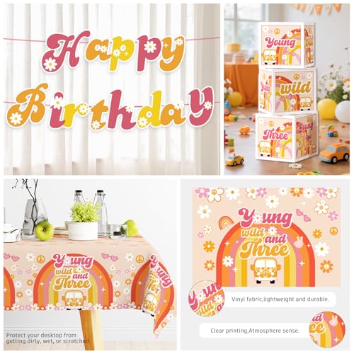 263pcs Young Wild and Three Party Decorations, Boho Groovy Daisy 3rd Birthday Decorations for Girls with Balloon Arch Tabl...
