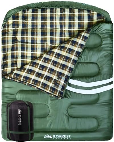 IFORREST Double Cotton Flannel Sleeping Bag for Adults – Extra-Wide 2-Person 10°F Cold Weather Camping Bed, Warm Queen XXL...