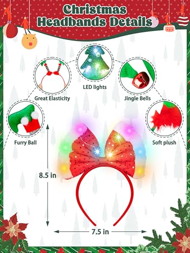 LED Christmas Headband, Reindeer Antler Leprechaun Hat Bow Hair Hoop for Xmas Holiday Party Favors Decorations Adults