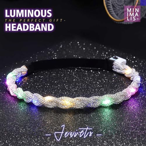 JEAIRTS Light Up Rhinestone Headband Glow Disco Headpiece Led Bling Hair Accessories for Women(1-Silver)