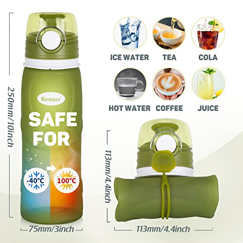Kemier Collapsible Silicone Water Bottles-750ML,Medical Grade,BPA Free Travel Water Bottle Can Roll Up,26oz,Leak Proof Fol...