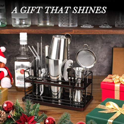 Boston Cocktail Shaker Set with Stand, 20-Piece Complete Bartender Kit for Home Bar Use, Essential Bar Set with 18oz & 28o...