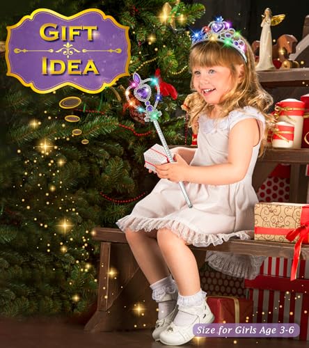 BIBUTY Princess Crown Tiara for Little Girls Princess Dress Up Accessories, Light Up Princess Tiara Wand Toys for 3-6 Girls