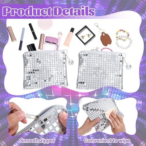 12 Pcs Disco Cosmetic Bags with Zipper Disco Party Favors Silver Glitter Sequin Mirror Makeup Bags for Bachelorette Bridal...