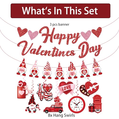 Biswiter Valentines Day Decorations, NO-DIY Party Decorations Includes Glitter Happy Banner, Supplies Hanging Swirls, for ...