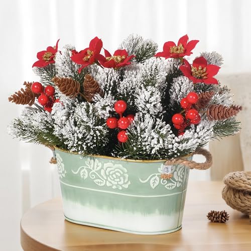 QIMOND Christmas Table Centerpiece with Artificial Red Poinsettias, Snowy Norfolk Pine, Berries & Pine Cones – Lifelike Ho...
