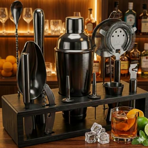 Highball & Chaser 13-Piece Cobbler Cocktail Shaker Set: Black Polished Stainless Steel Bartender Kit for Home Bar Set | La...