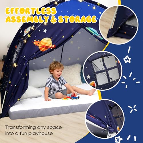 Twin Bed Tent Canopy, Space Indoor Blackout Privacy Toddler Bed Tent for Kids with Light, Portable Sleeping Floor Kids Pla...