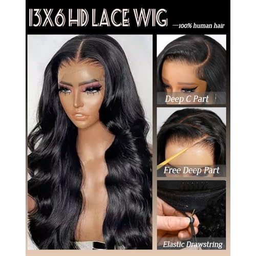 Sherico 13x6 Body Wave Lace Front Wigs Human Hair 180 Density HD Transparent Lace Frontal Wigs Human Hair Elastic Drawstring Glueless Wigs Human Hair Wig for Black Women(Black,22 Inch,body)